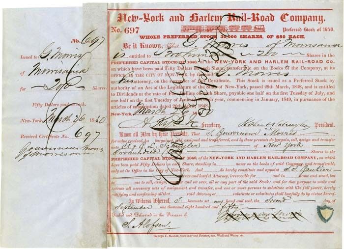 New-York and Harlem Rail-Road issued to and signed twice by Gouverneur Morris, J