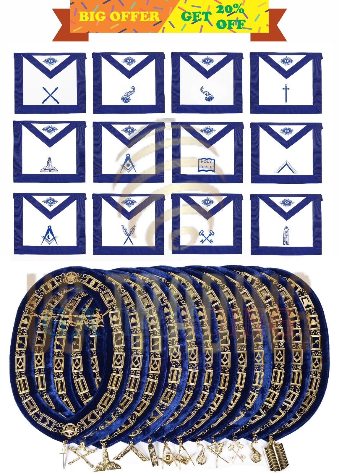 12 Pcs Masonic Freemasons Blue Lodge Aprons & Golden Chain Collar With Jewels