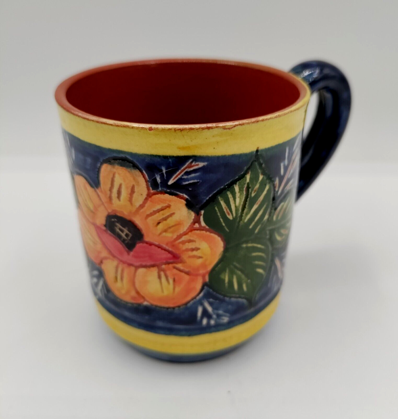 Mexican Red Clay Handmade Painted Mug with Tropical Etched Flower