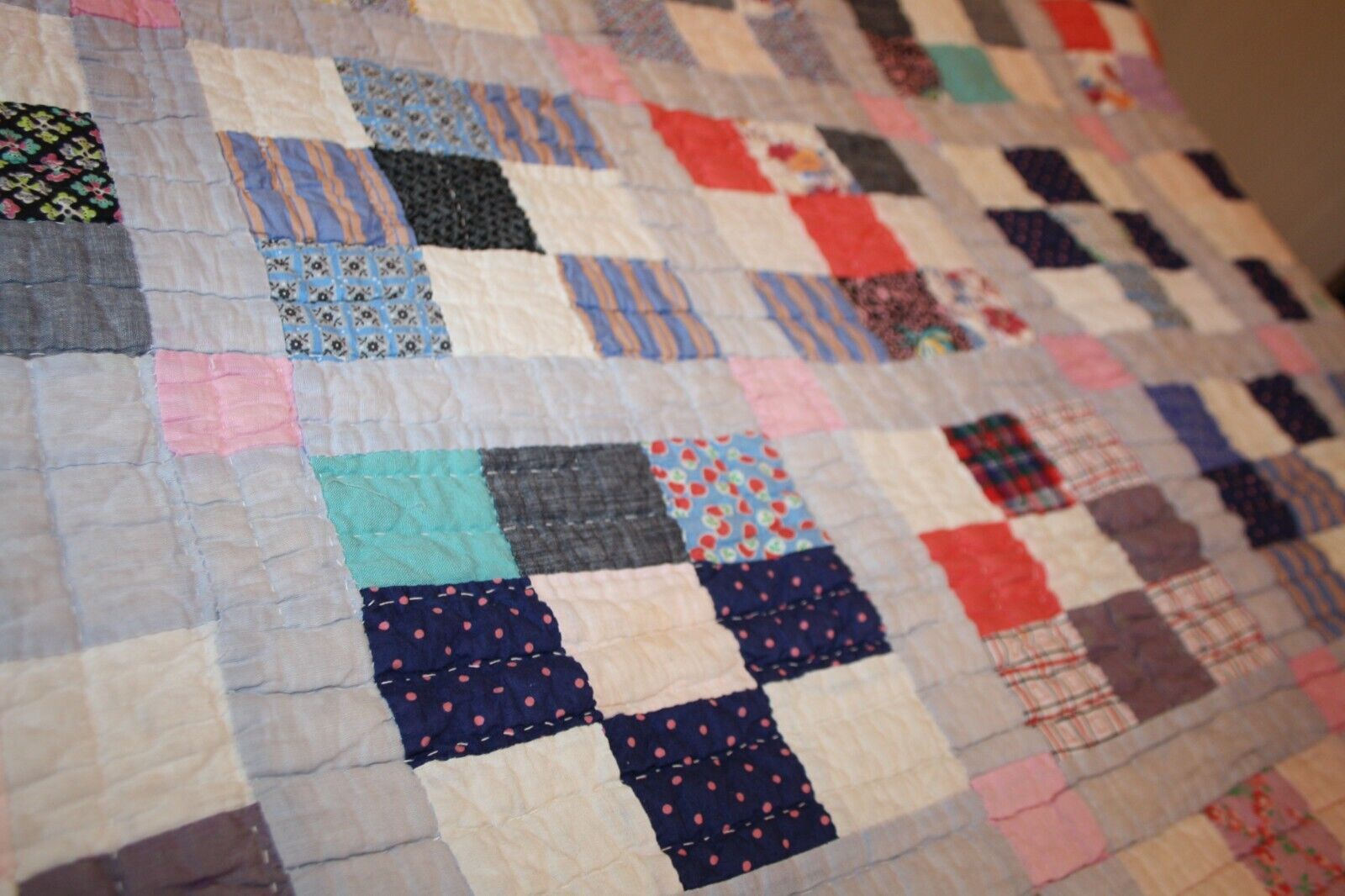Antique Nine 9 Patch Quilt Hand Stitched 1930s 1940s 67x75 Patchwork country
