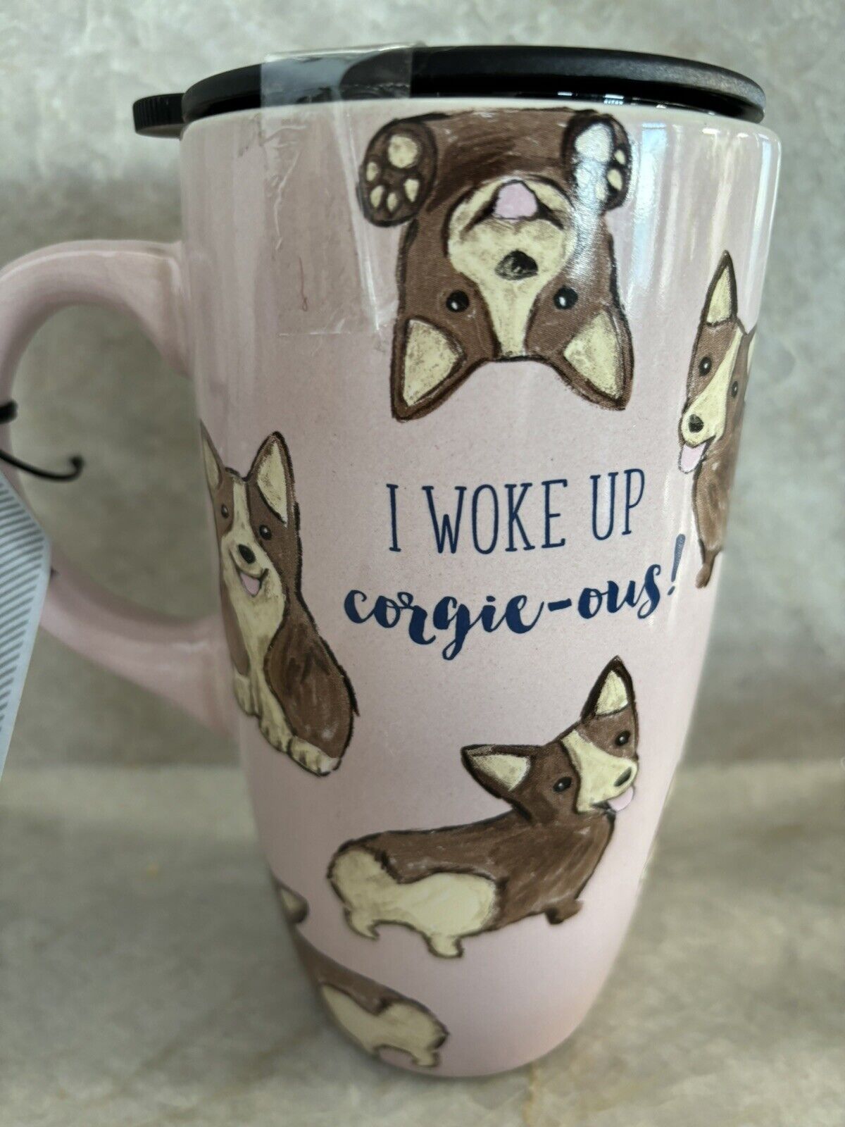 Corgi Dog Tall Pink Ceramic Mug - I Woke Up Corgie-ous Lid  Sheffield Home NWT