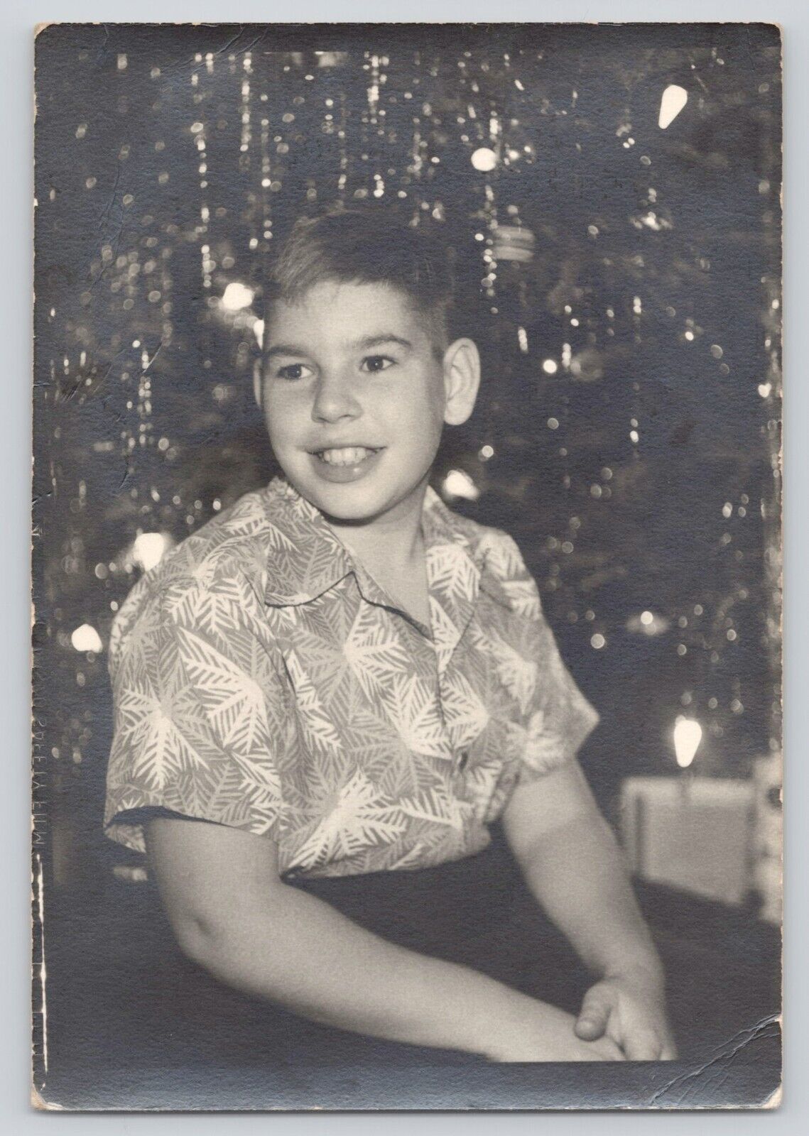 Vintage Photo 1950s Smiling Boy On Christmas Morning Under Tree Presents Gifts