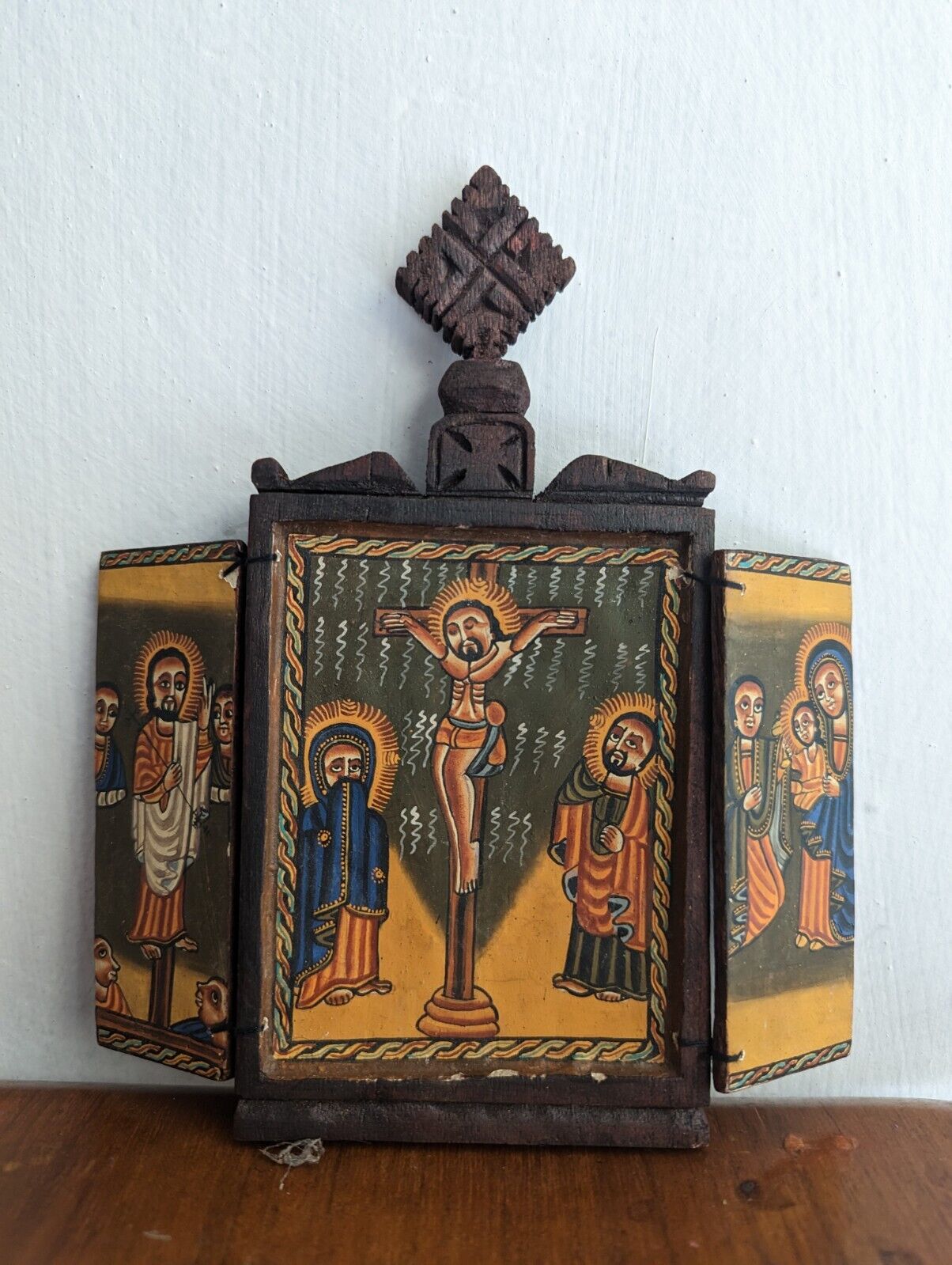 Vintage Ethiopian Wooden Icon with Cross Hand Painted Ethiopia Alter Art