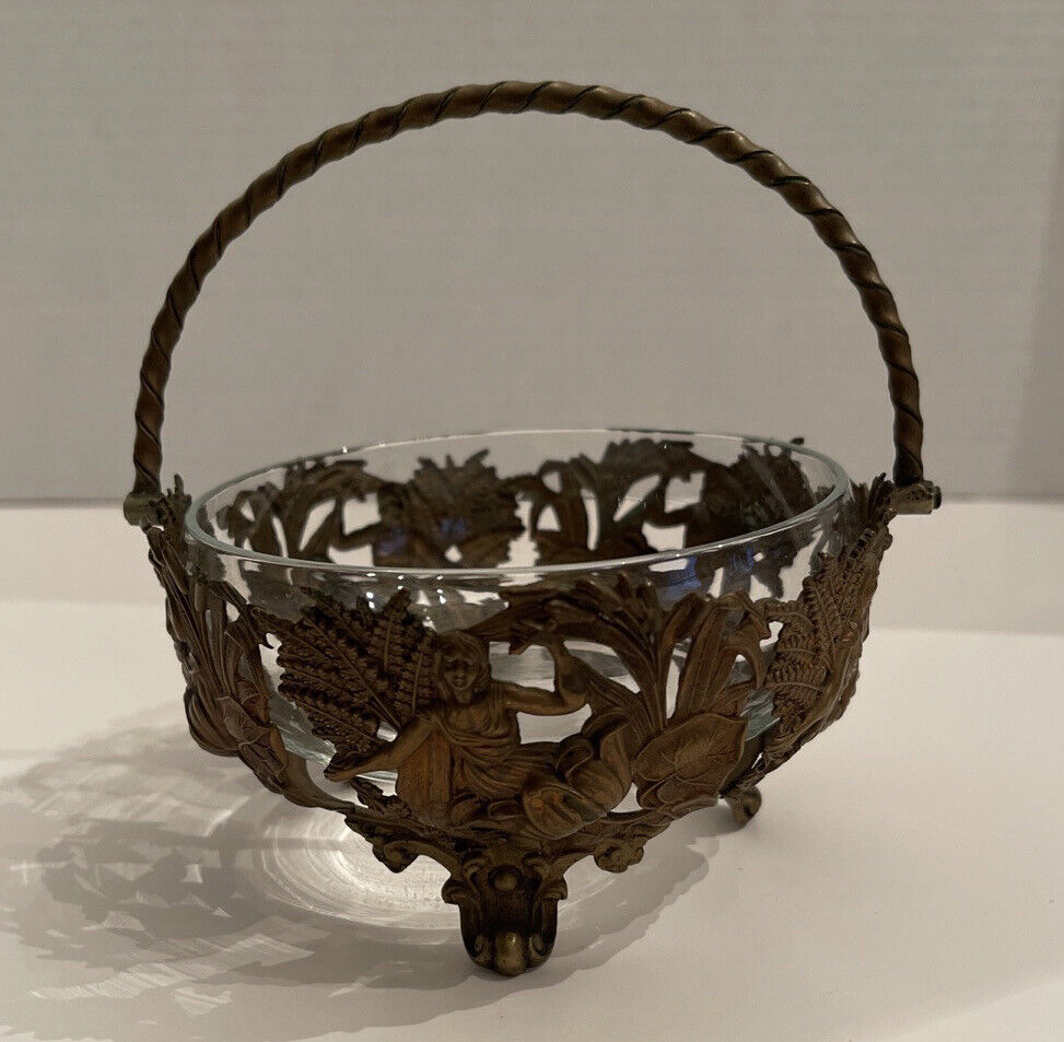 Vintage Ornate Brass Type Bowl Holder W/clear Glass Bowl