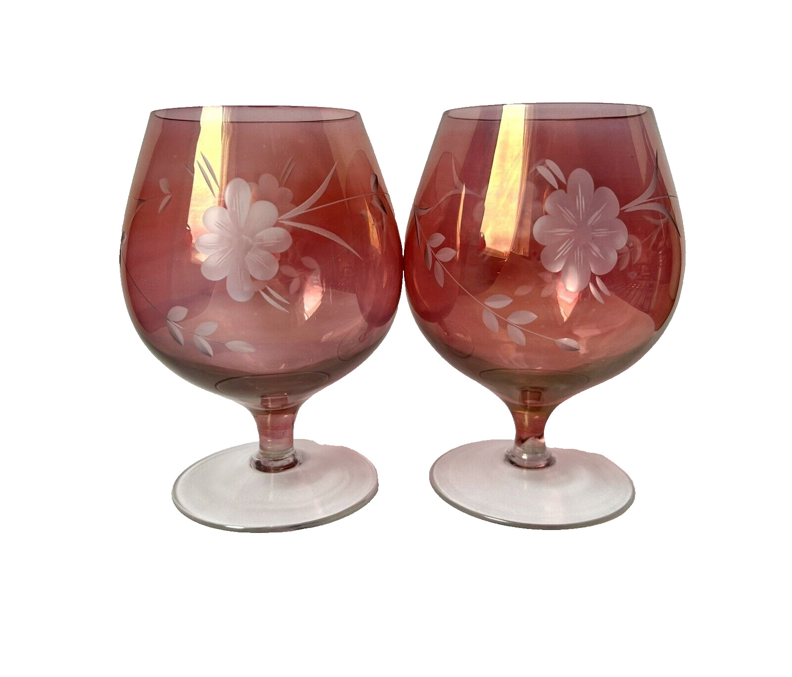 Pair Of Vintage Brandy Glass Pink Raspberry Iridescent Glass Etched Drinking  