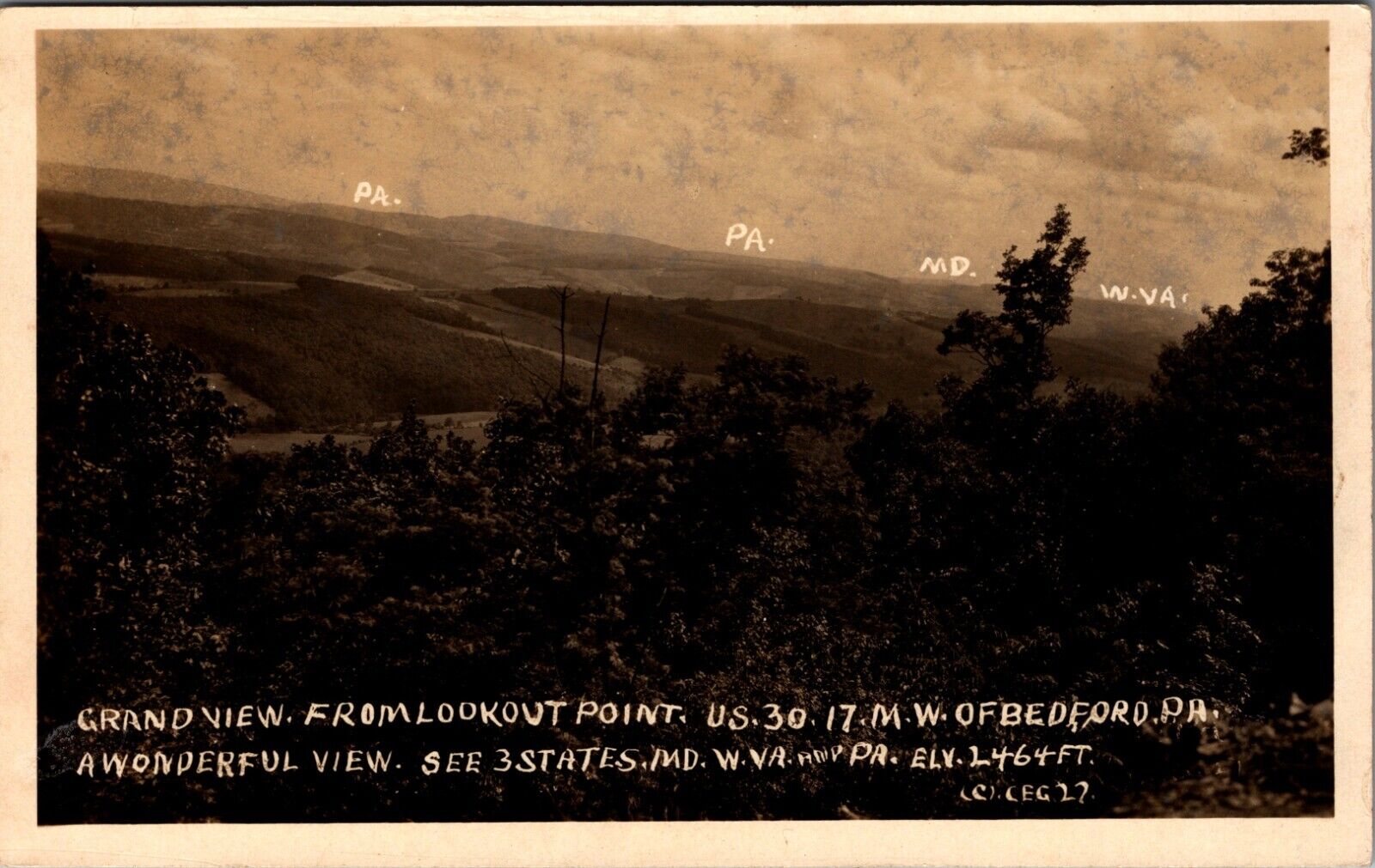 Grand View Of 3 States From Lookout Point Bedford Pennsylvania Vintage RPPC