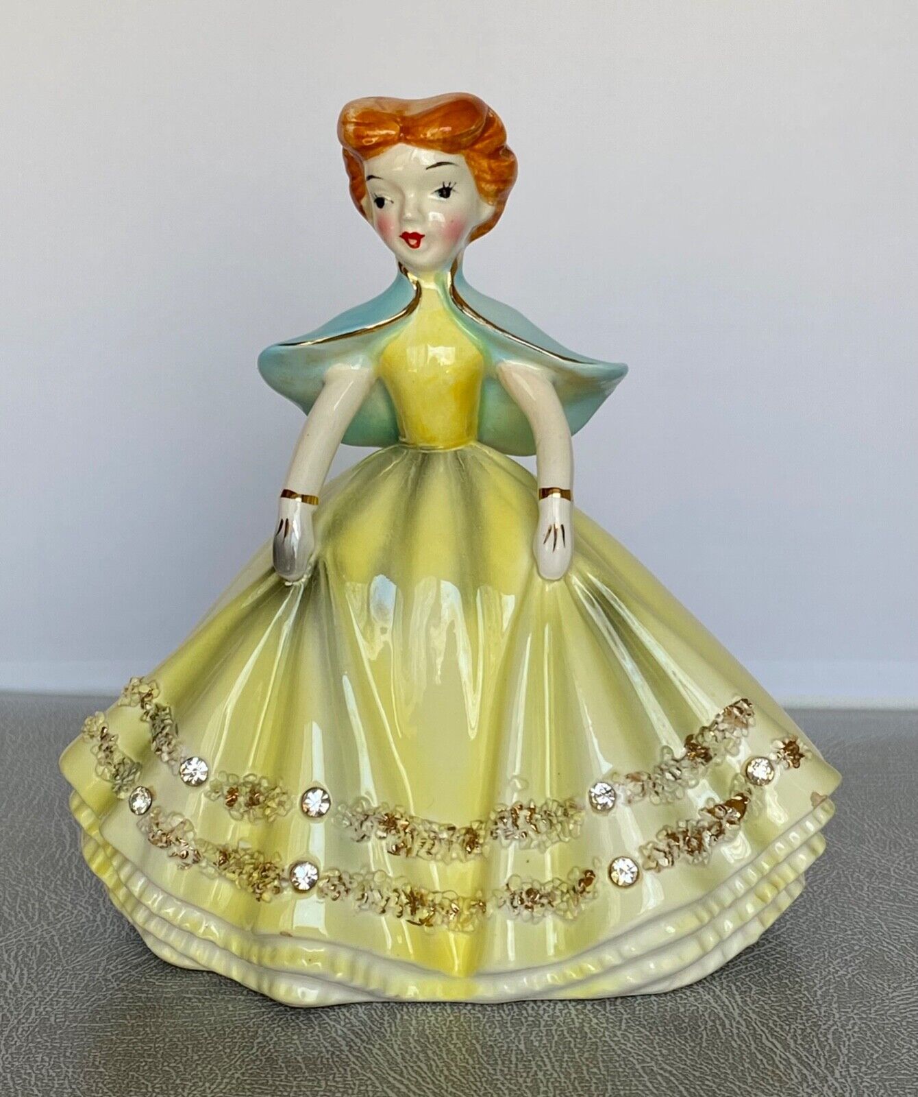 Vintage Napco Girl Wearing Rhinestone Yellow Dress  Figurine 5 3/4”  A1873