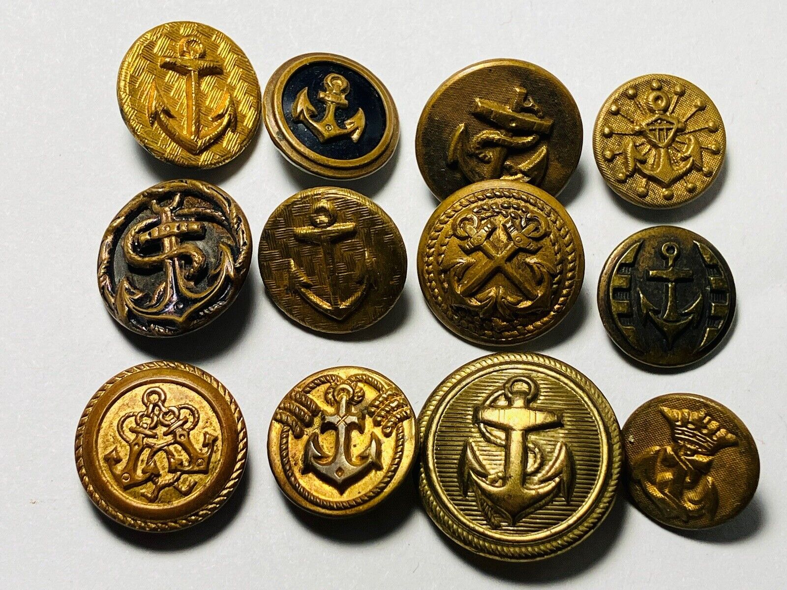 Antique Vintage Large Lot Of 12 Metal Picture Buttons Anchors Boat Ship