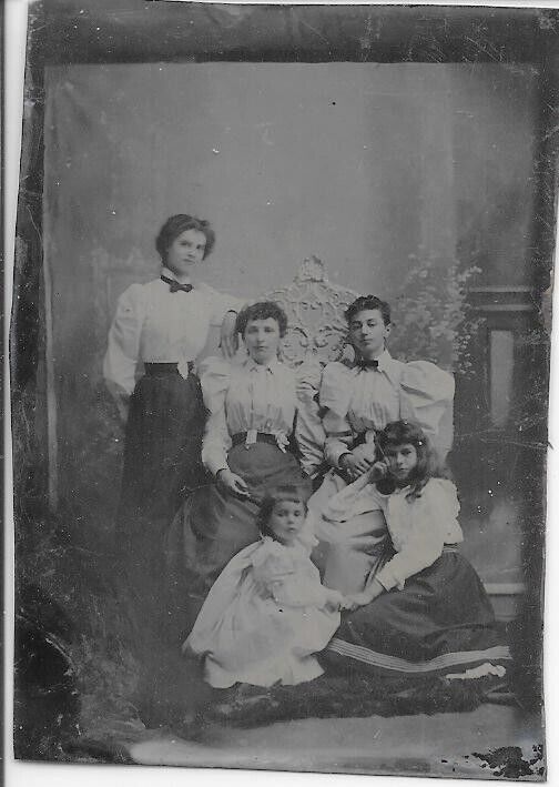 Antique Tintype Photo Five Sisters White Cast Iron Chair c1870s-1880s