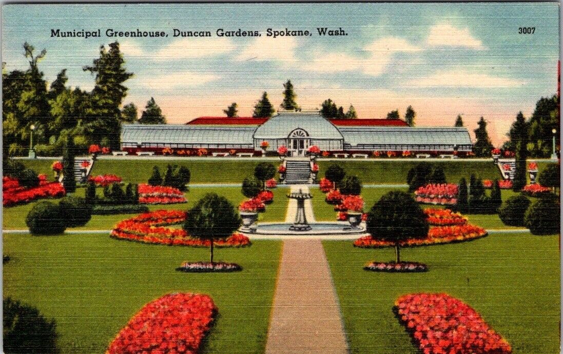 Municipal Greenhouse Duncan Gardens Spokane WA Washington Linen Postcard VTG