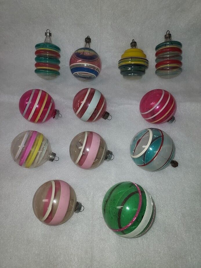 12 vintage ww11 unsilvered glass ornaments, stripes, lanterns etc