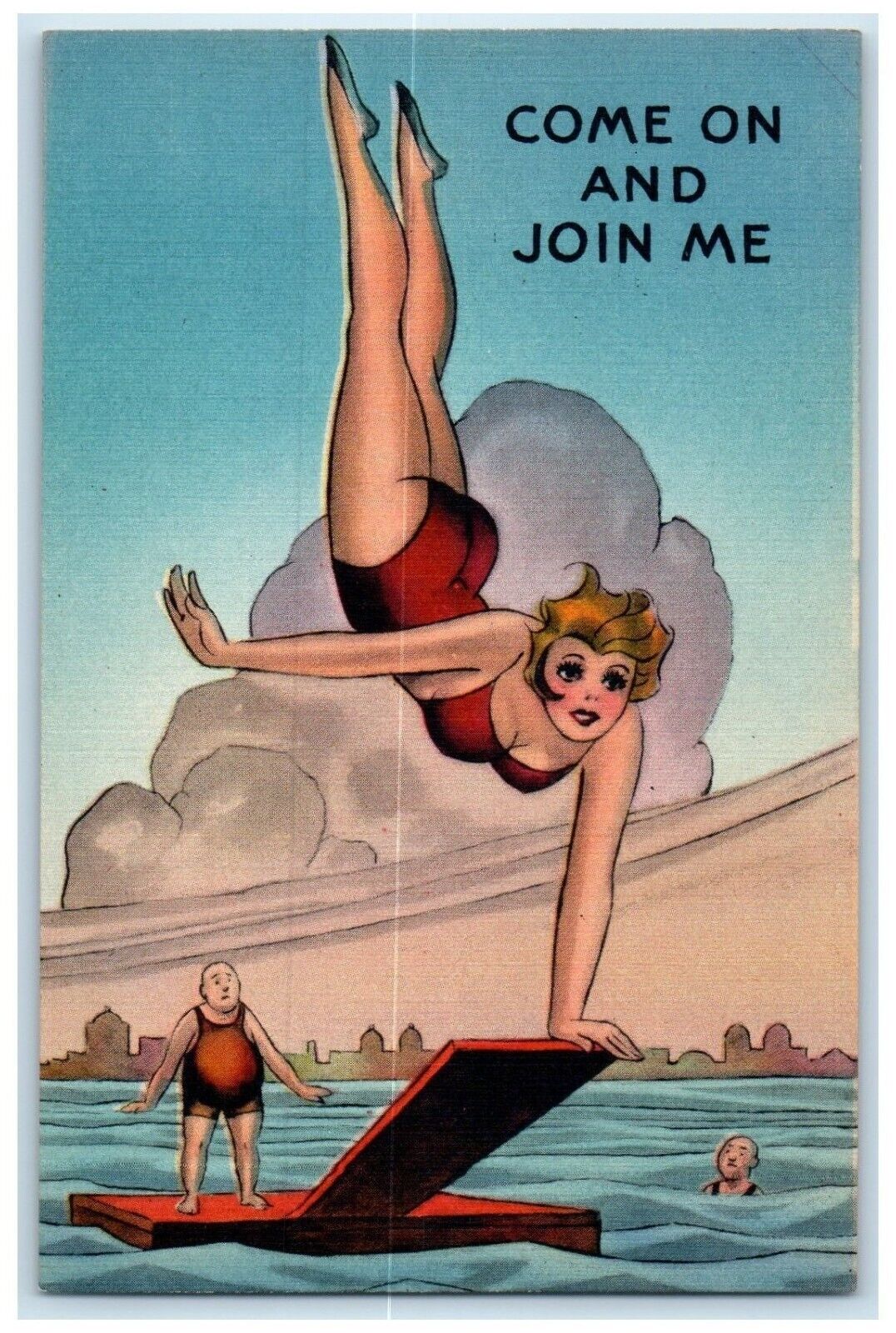 c1930's Beach Bathing Beauty Diving Come On And Join Me Vintage Postcard