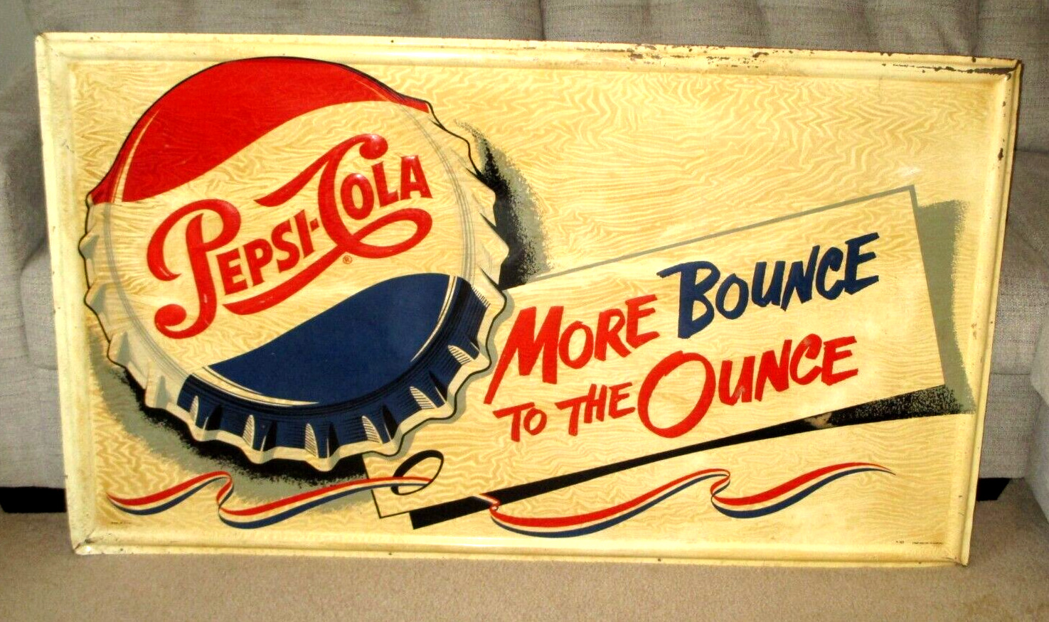 VINTAGE PEPSI COLA SODA SIGN- MORE BOUNCE TO THE OUNCE- STOUT SIGN-ST LOUIS 57\