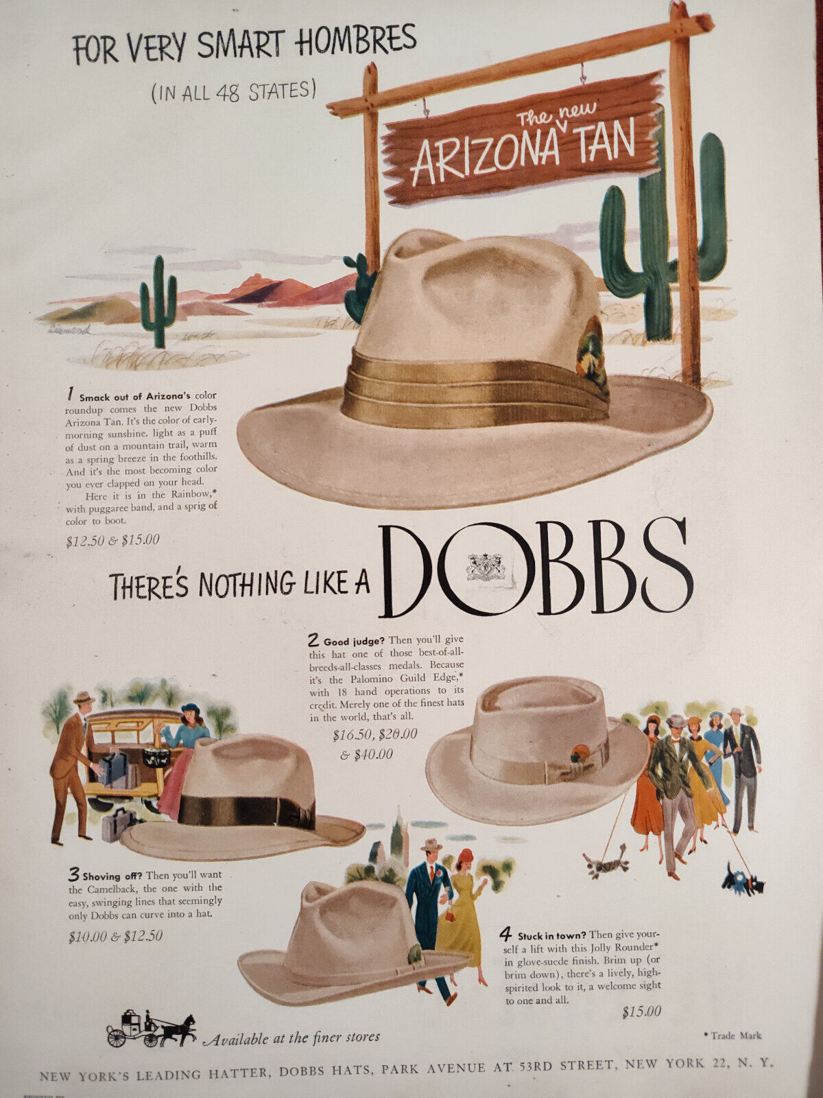 1948 Original Esquire Art Ad Advertisement Dobbs Hats