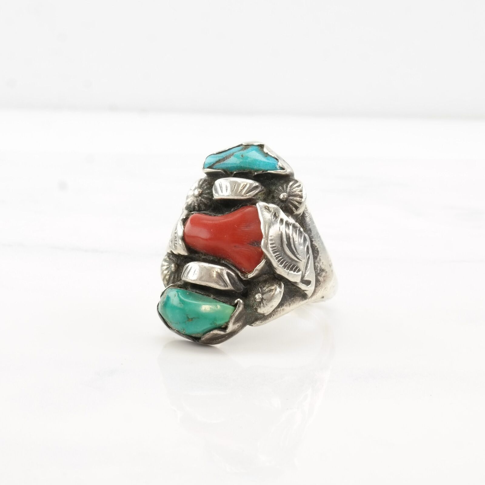 Vintage Dan Simplicio Silver Ring Coral Turquoise Leaf Sterling Size 10 3/4