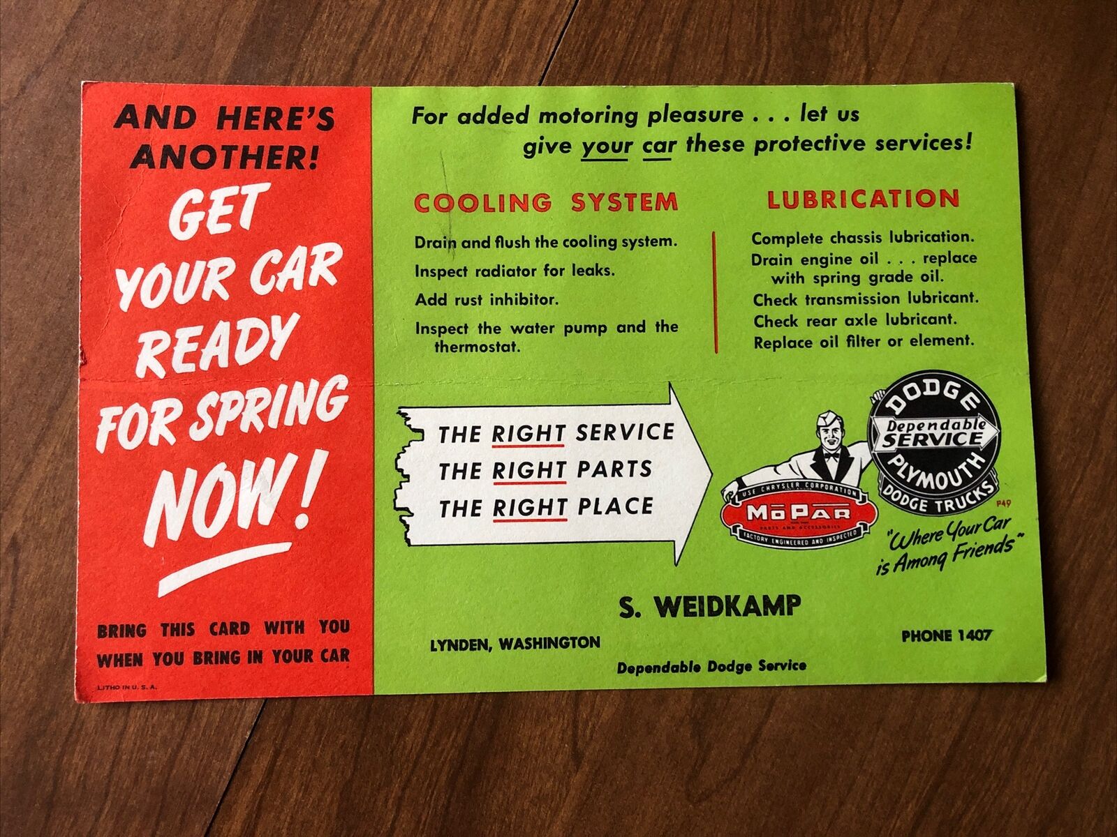 Vintage Dodge/Plymouth Advertising Card S WEIDKAMP, Lynden, Washington