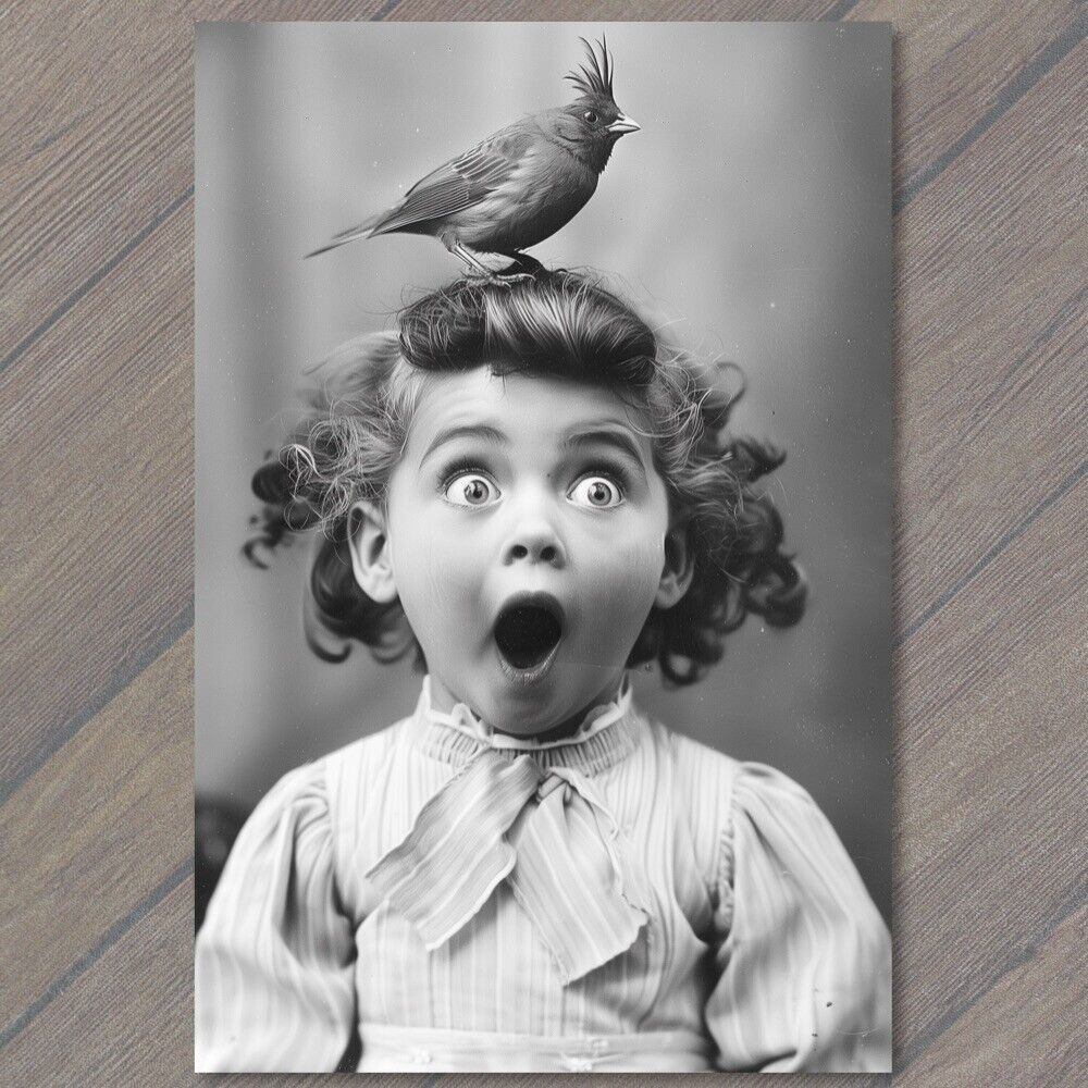 POSTCARD Young Girl With Bird On Head Surprised Funny Giant Smile Happy Cute Fun
