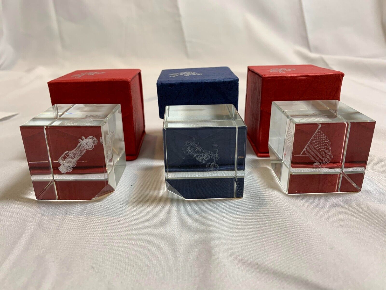 Set of Three Acrylic paperweights with embedded Holygrams and Gift Boxes