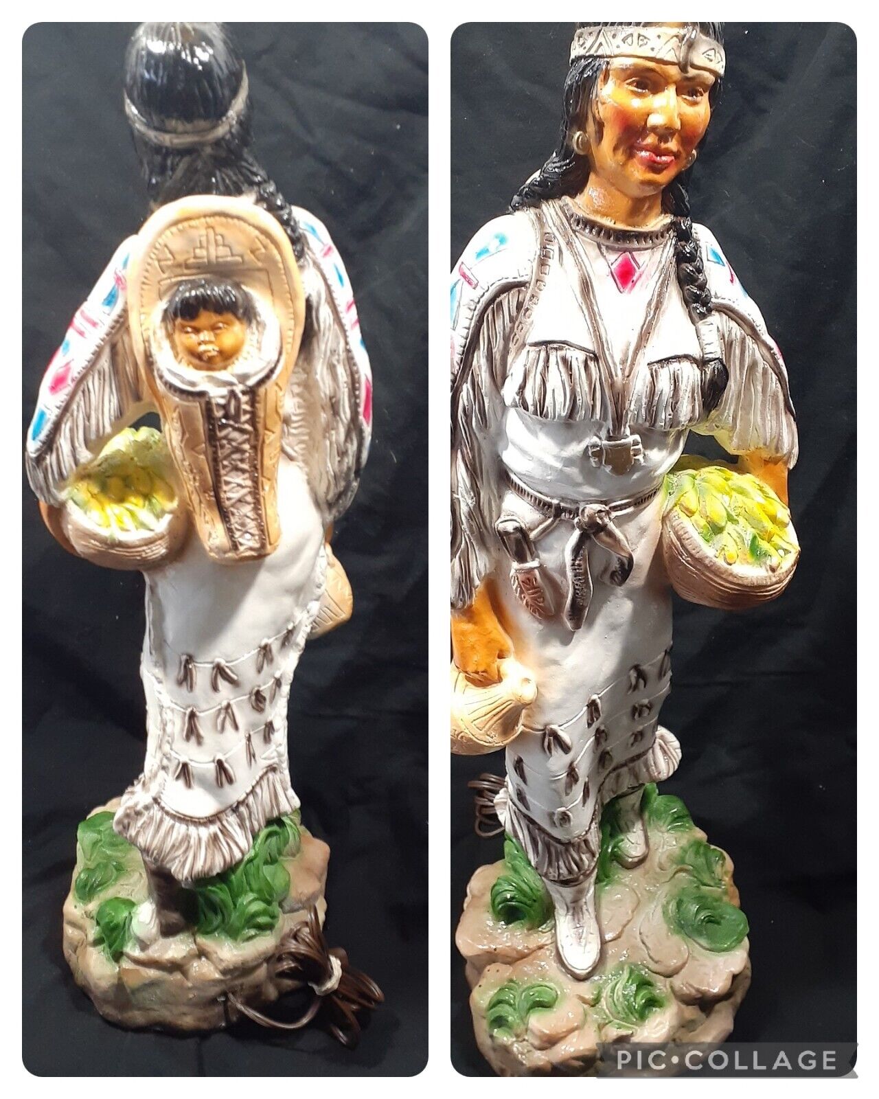 Vintage Pair Native American Woman Baby Papoose Chalkware Lamps Basket of Maize
