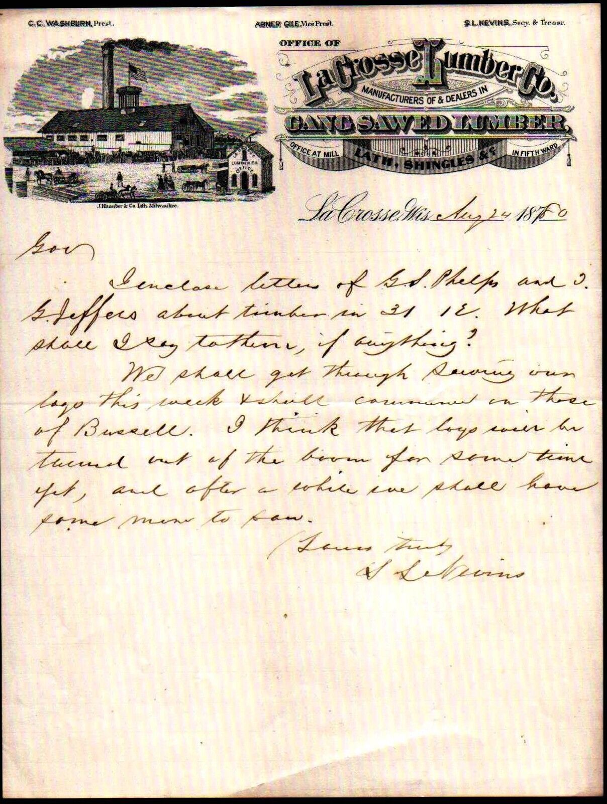 1880 Wi -  LaCrosse Lumber Co - to Governor - SUPERB - EX RARE Letter Head Bill