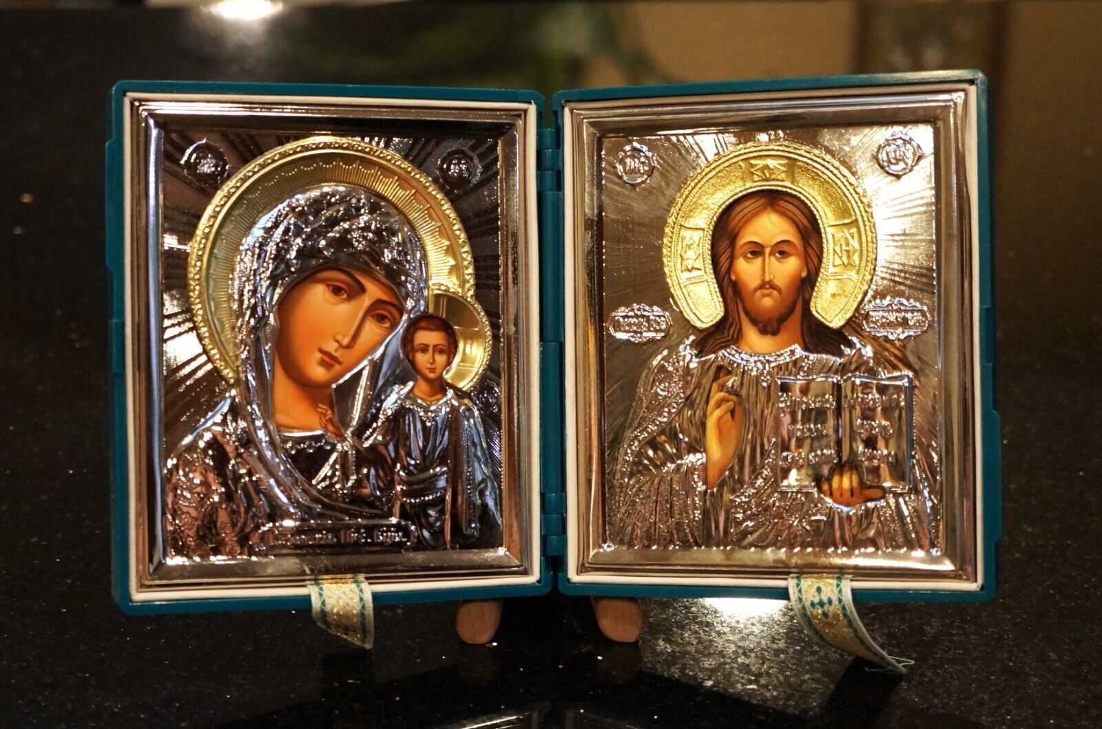 RUSSIAN DIPTYCH WEDDING or TRAVEL ICON Gold /Silver plated in  Box