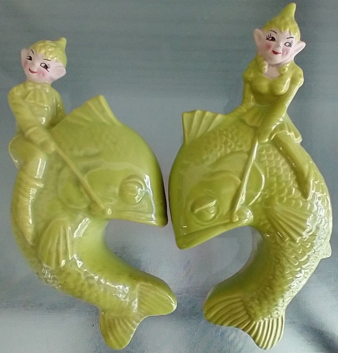 Amazing Rare Superb Pair Of 1950 Chartreuse Gilner Pixies Riding Dolphins Minty