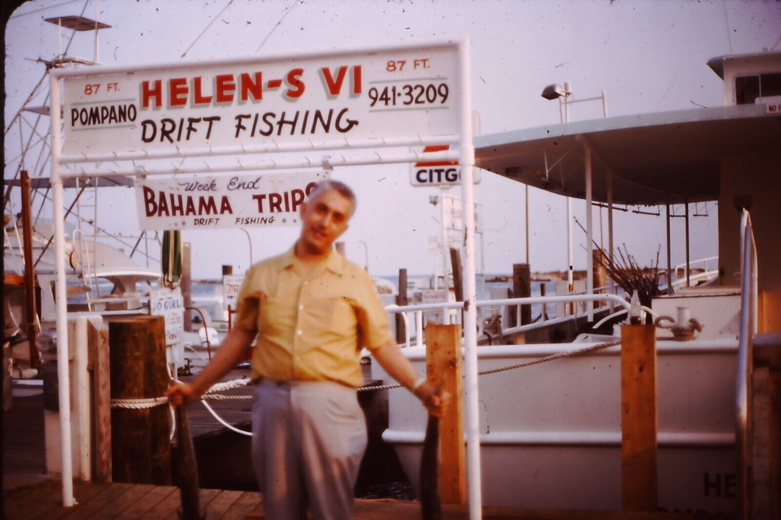 Man @ Pompano Florida Fishing Charter Dock Vintage 1970s 35mm Slide Original A56