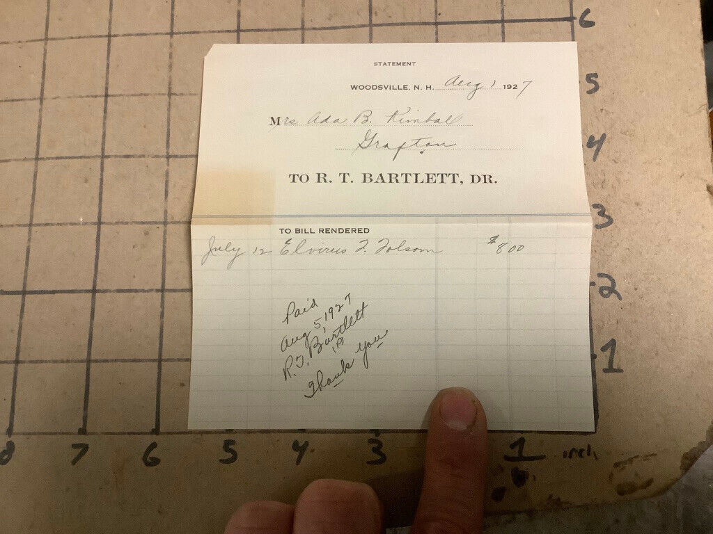 original billhead: Woodsville NH aug 1, 1927 to R T BARTLETT bill paid