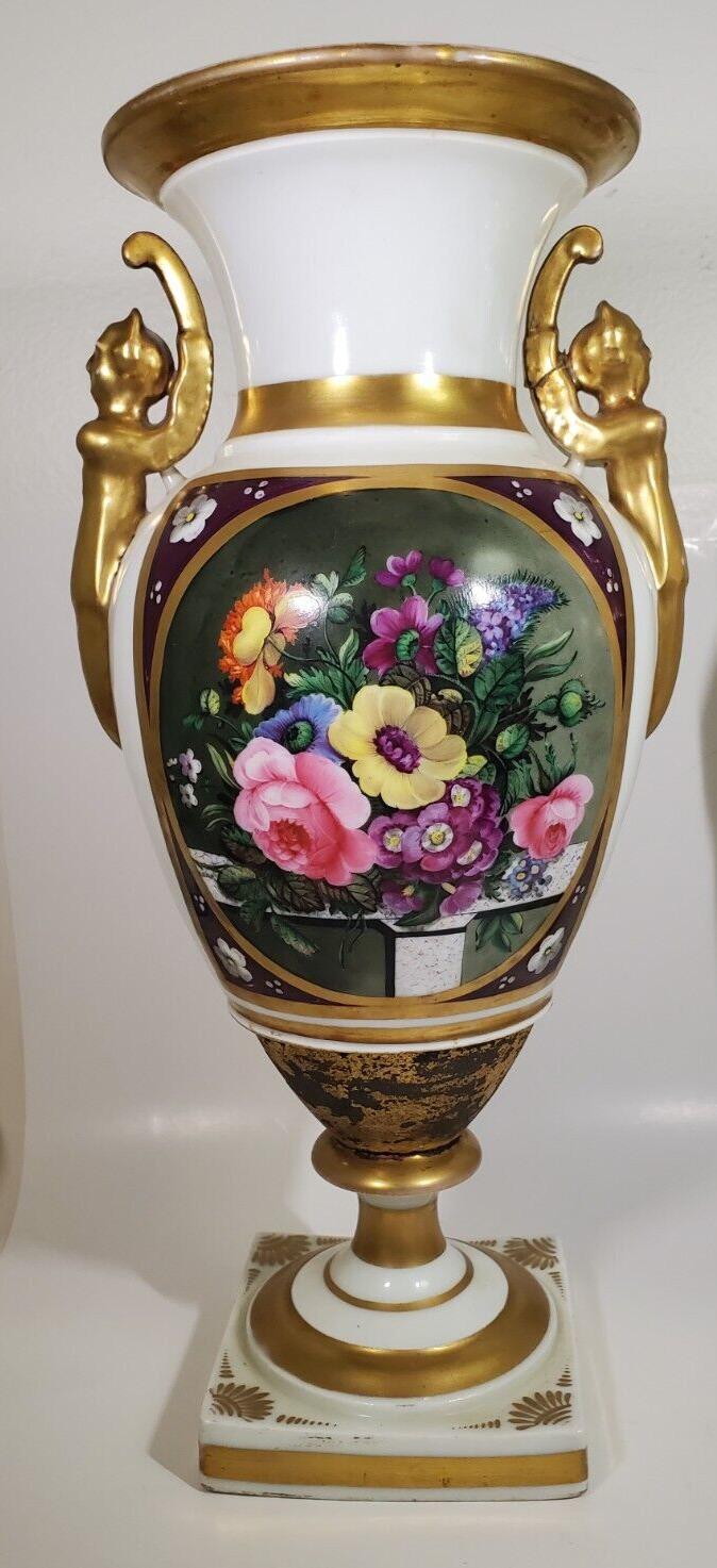 Large Antique Porcelain Hand Painted Vase Black French Empire Caryatid Handles