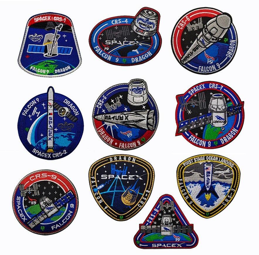 10PCS/SET CRS-1 - CRS-9 SPACEX FALCON-9 DRAGON HOOK PATCH EMBROIDERED BADGE
