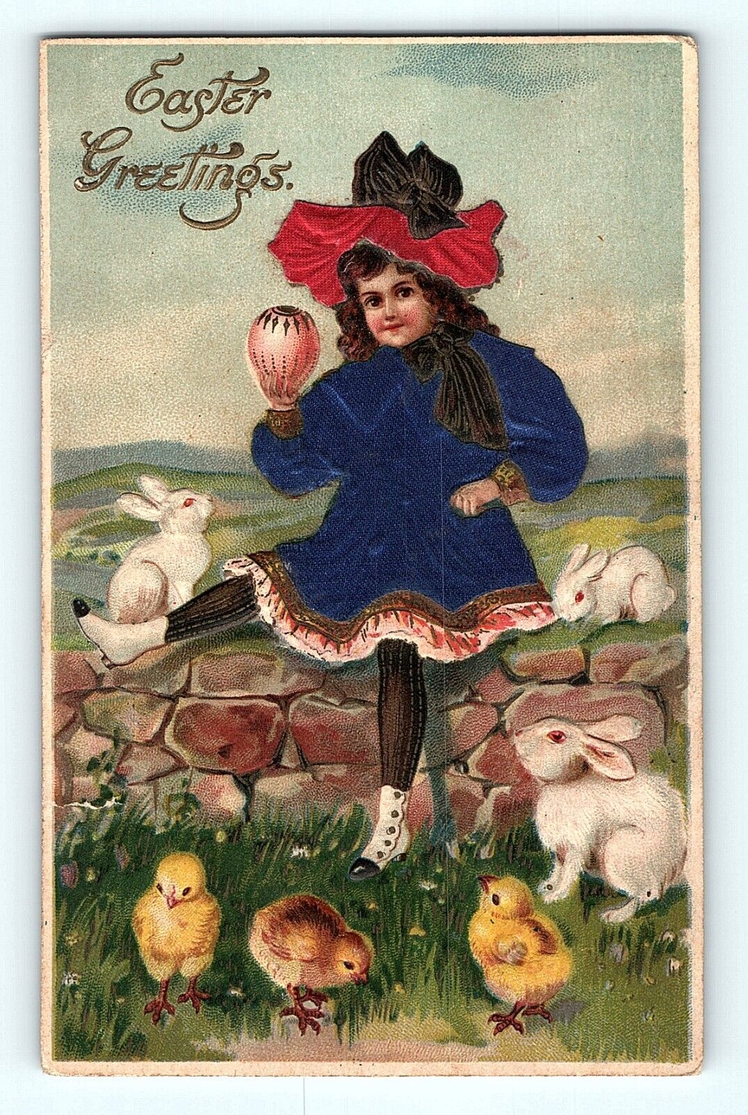 Easter Greetings Heavily Embossed Victorian Girl Bunnies Chicks Egg Postcard E4