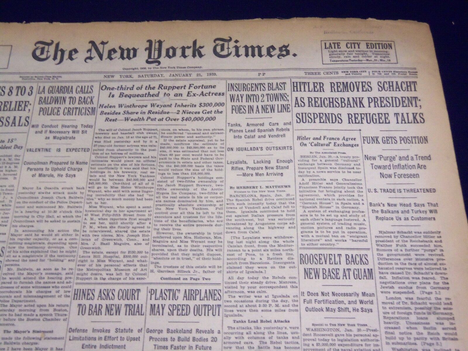 1939 JAN 21 NEW YORK TIMES - HITLER REMOVES SCHACHT, JACOB RUPPERT WILL - NT 447