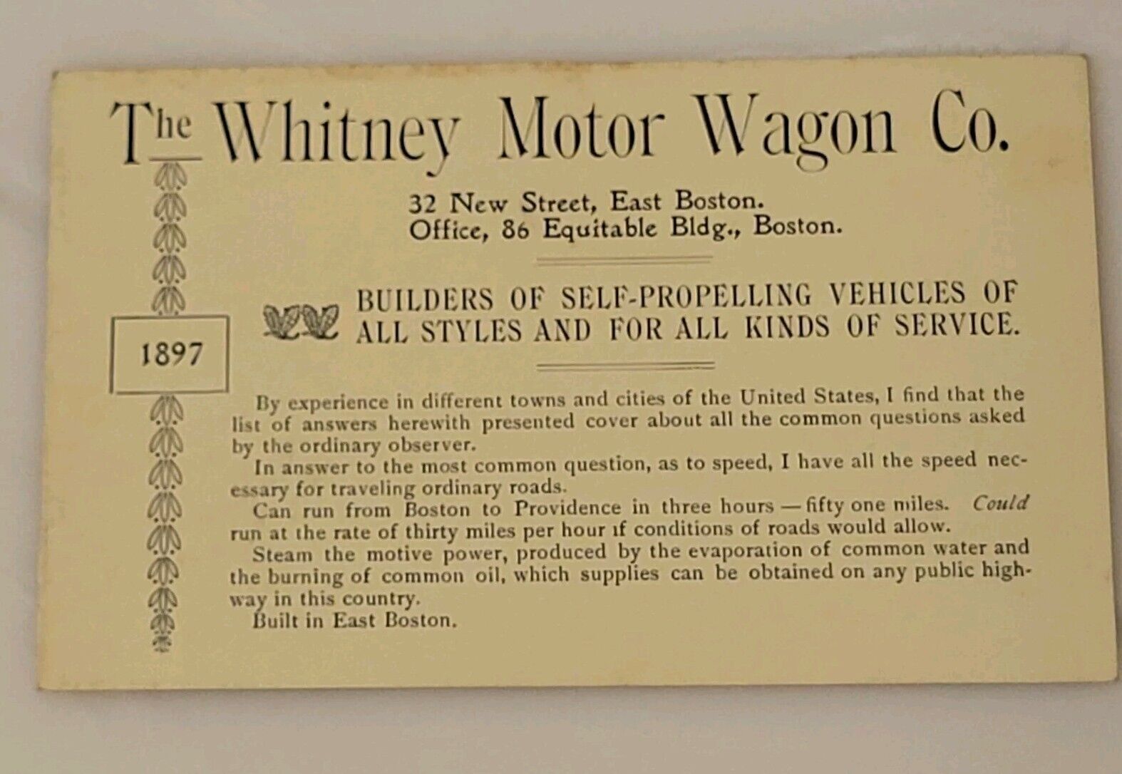 Rare 1897 WHITNEY MOTOR WAGON Co. Advertising Builders of Self-Propelling Boston