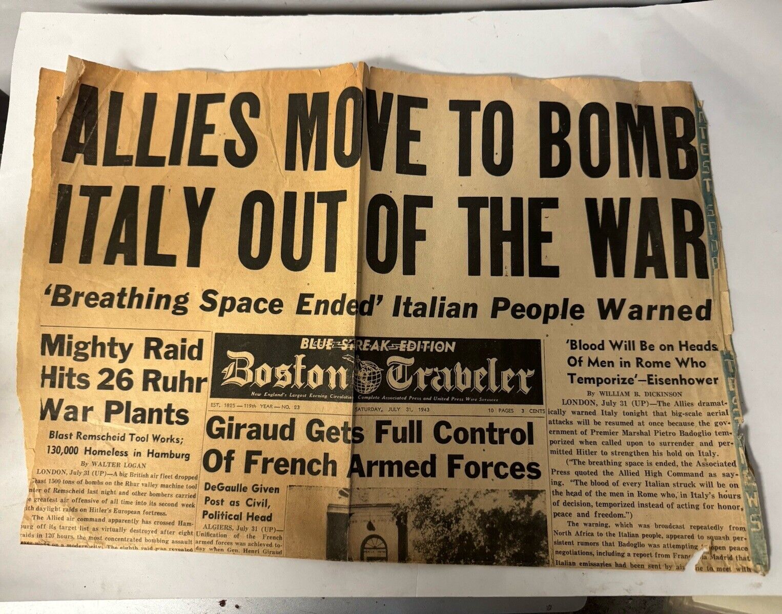 Vintage 1943 The Boston Post Newspaper World War 2 