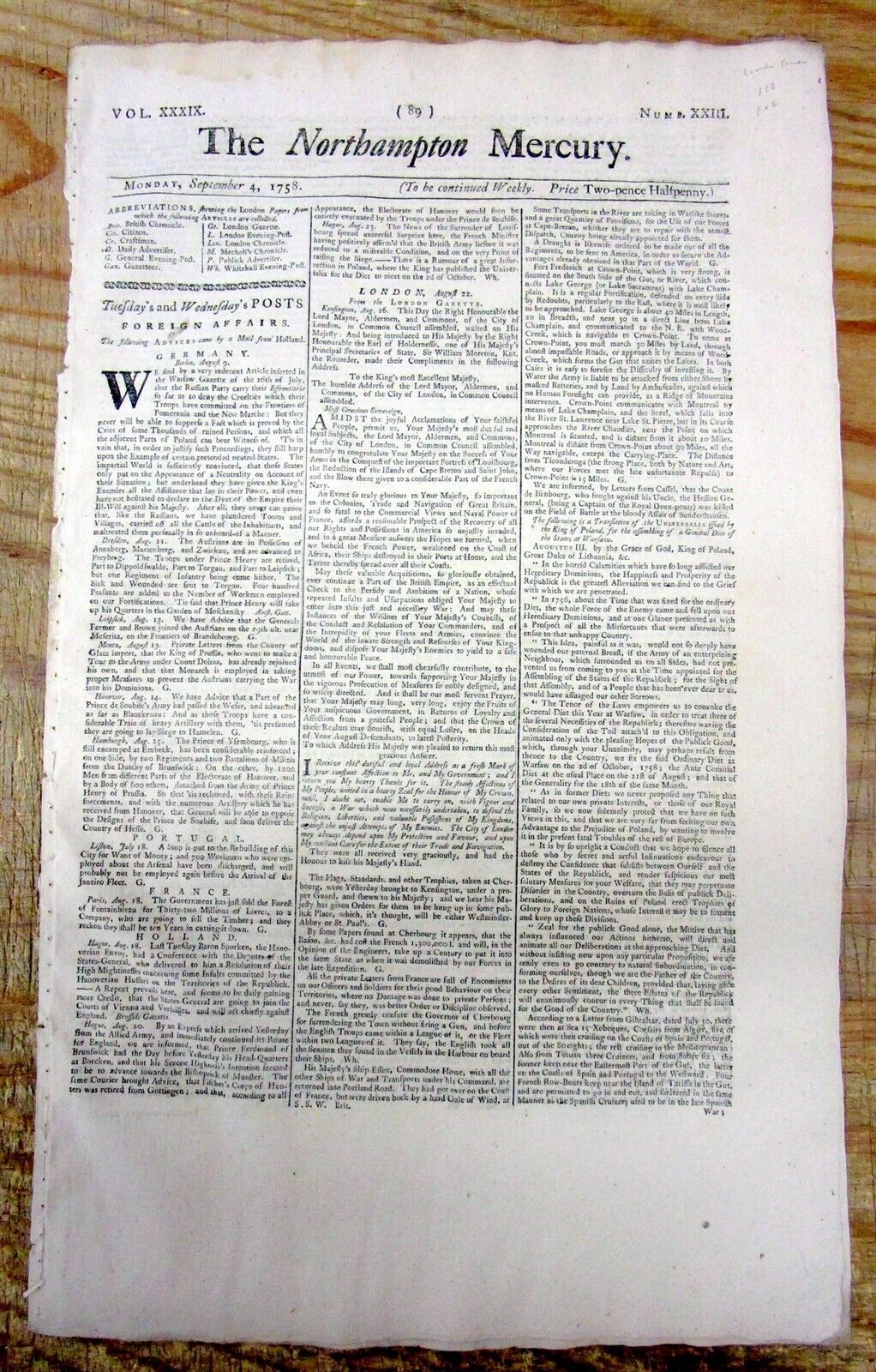 1758 French & Indian War newspaper BRITISH SIEGE of LOUISBURG Cape Breton CANADA
