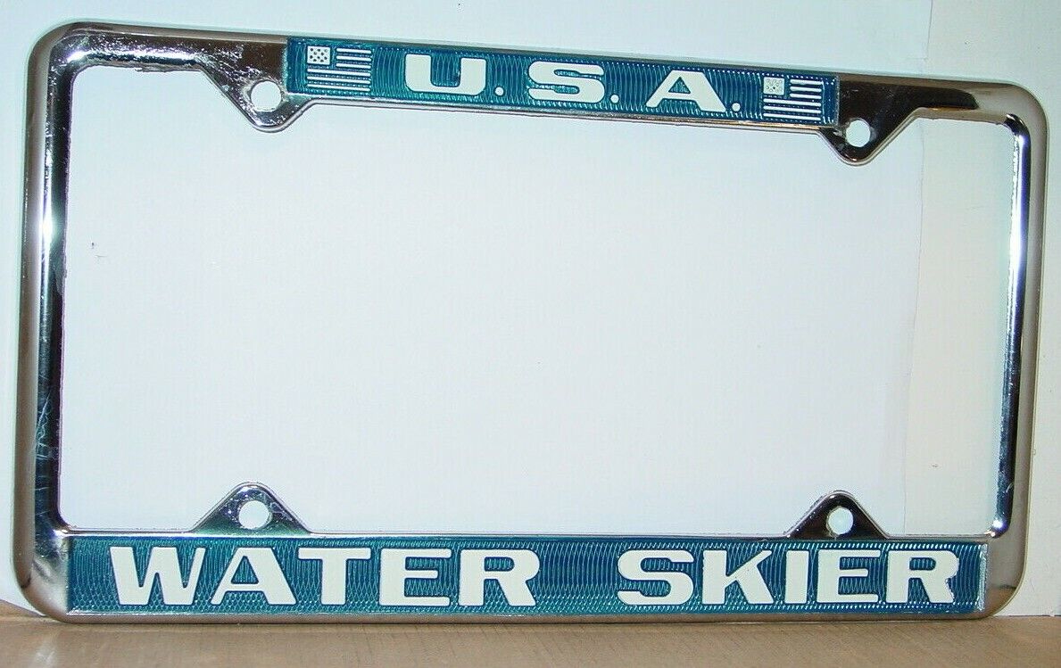 U.S.A. WATER SKIER 1970\'s VINTAGE METAL LICENSE PLATE FRAME USA SKI SKIING NICE