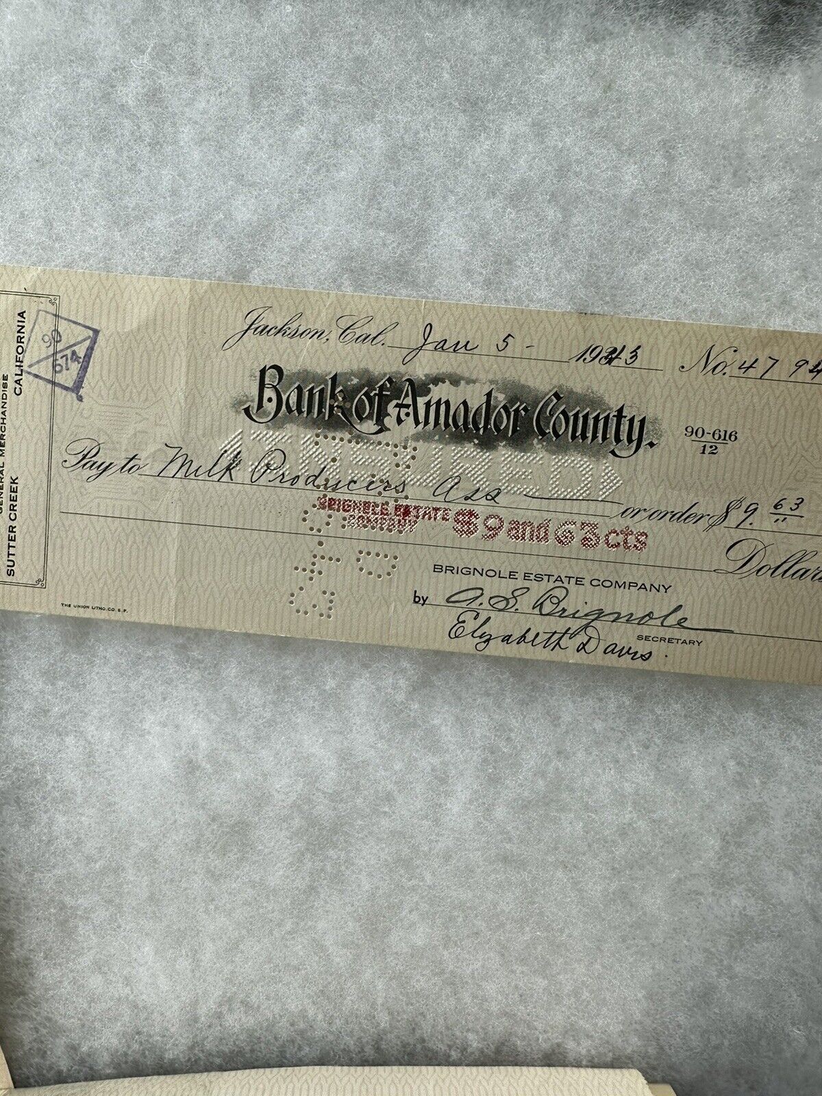 Bank of Amador County, CA Cancelled Check 1943  Jackson Calf Products Milk Ass