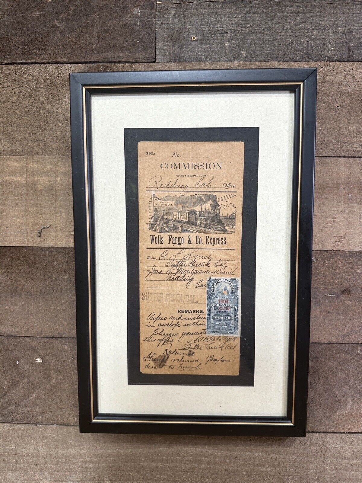 Antique Framed Wells Fargo & Co Express Stamped Sheet Sutter Creek To Reading