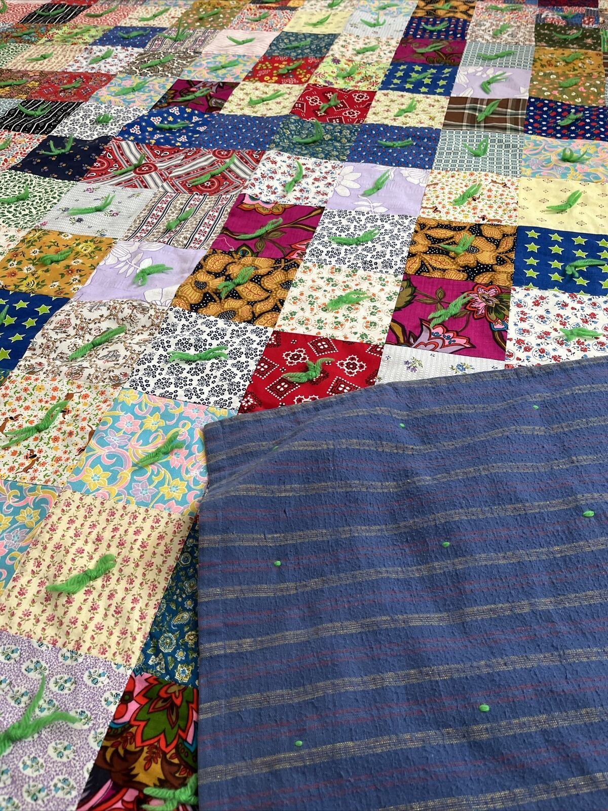 Vintage Handmade Knotted Quilt Cotton Block Patchwork / Coverlet Multi Color