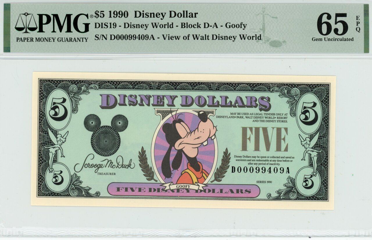 1990 $5 Disney Dollar Goofy PMG 65 EPQ (DIS19)