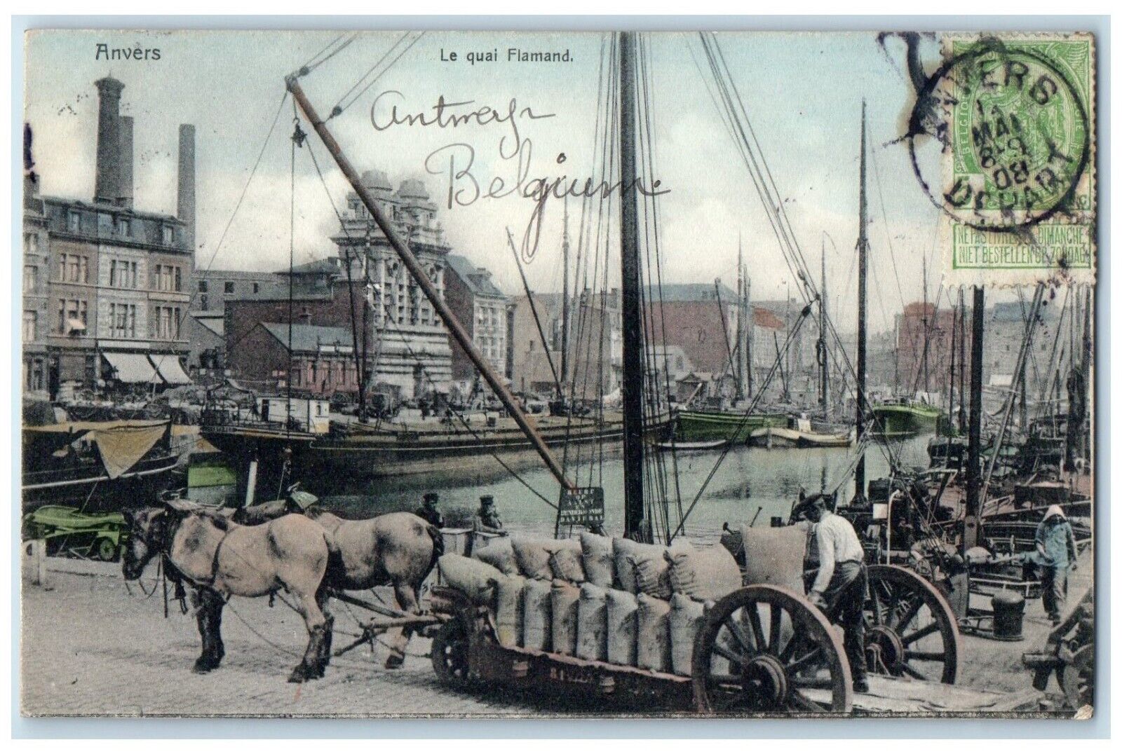 1908 Le Quai Flammand Anvers Belgium Horse Carriage Postage Due 2 Cents Postcard