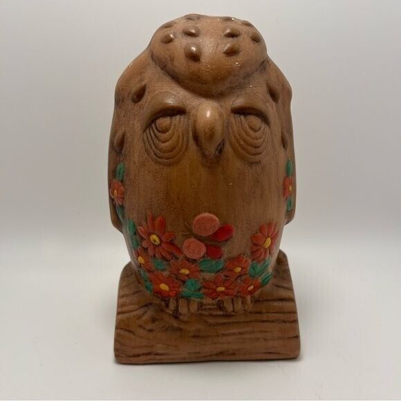 Vintage 60s-70s Ceramic Trippy Flower Power Owl Statue, Decor
