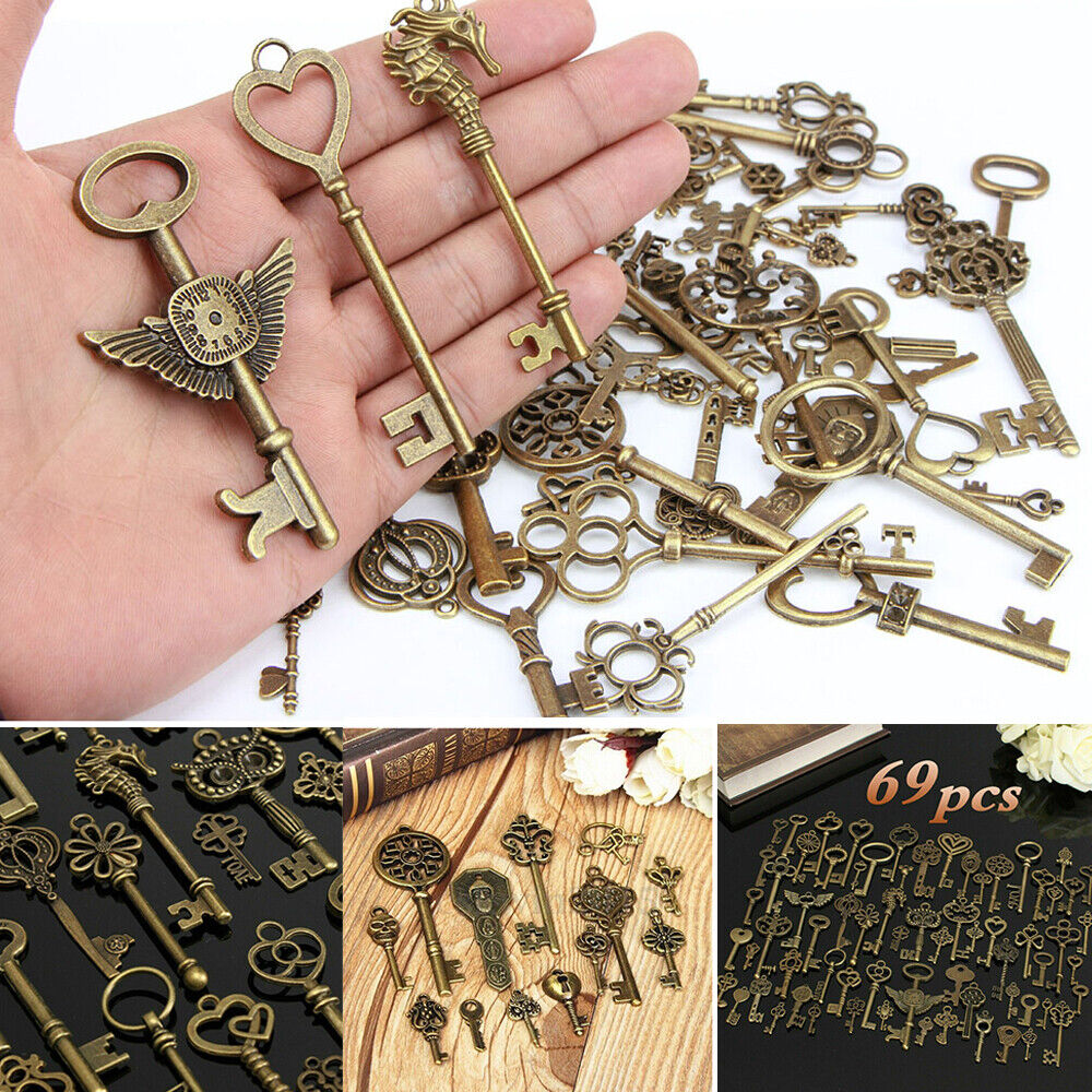 69PCS Antique Vintage Old Look Ornate Skeleton Metal Keys Necklace Pendant Deco