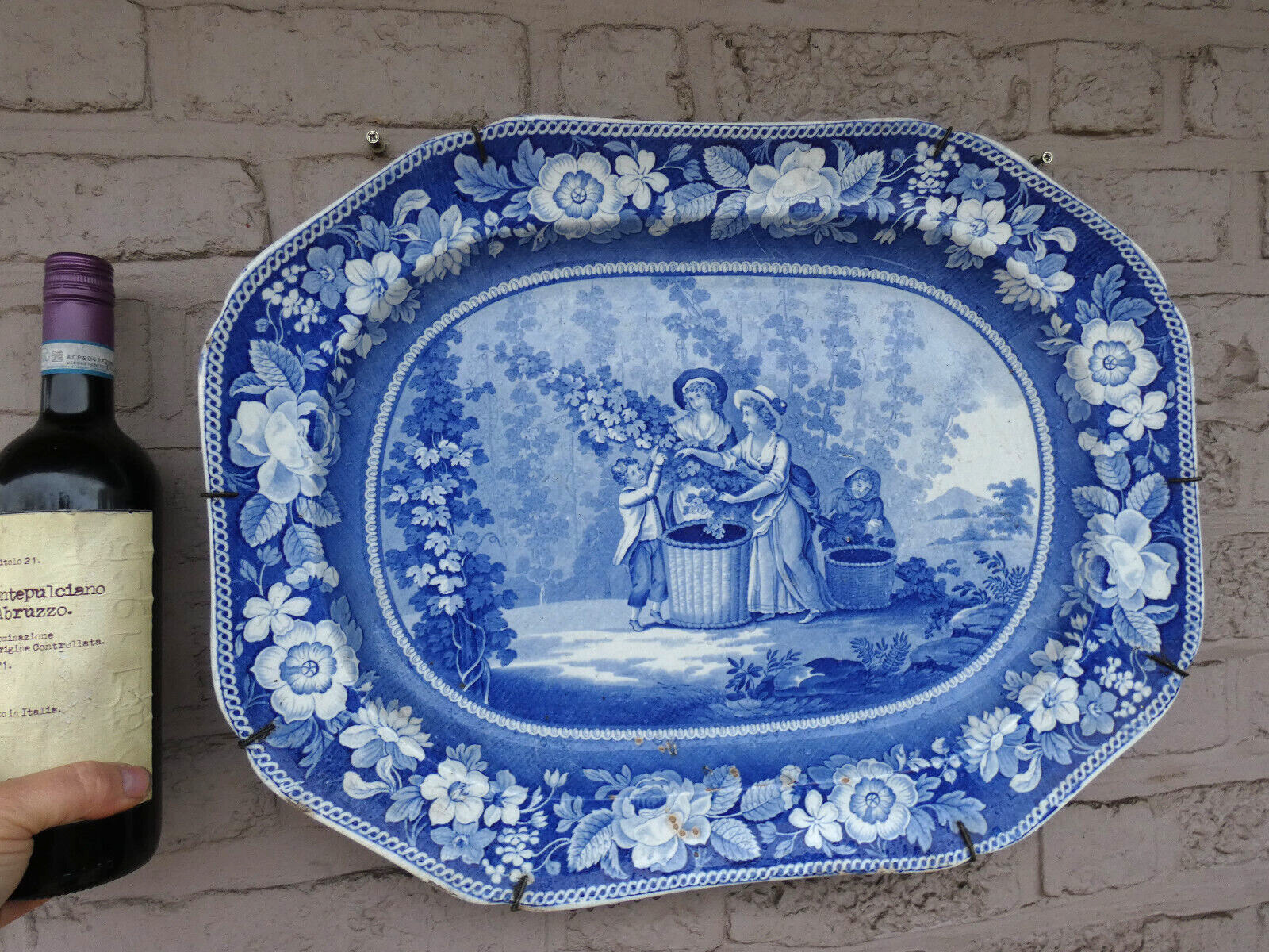 antique XL 19thc  Blue white pottery wall plaque romantic decor
