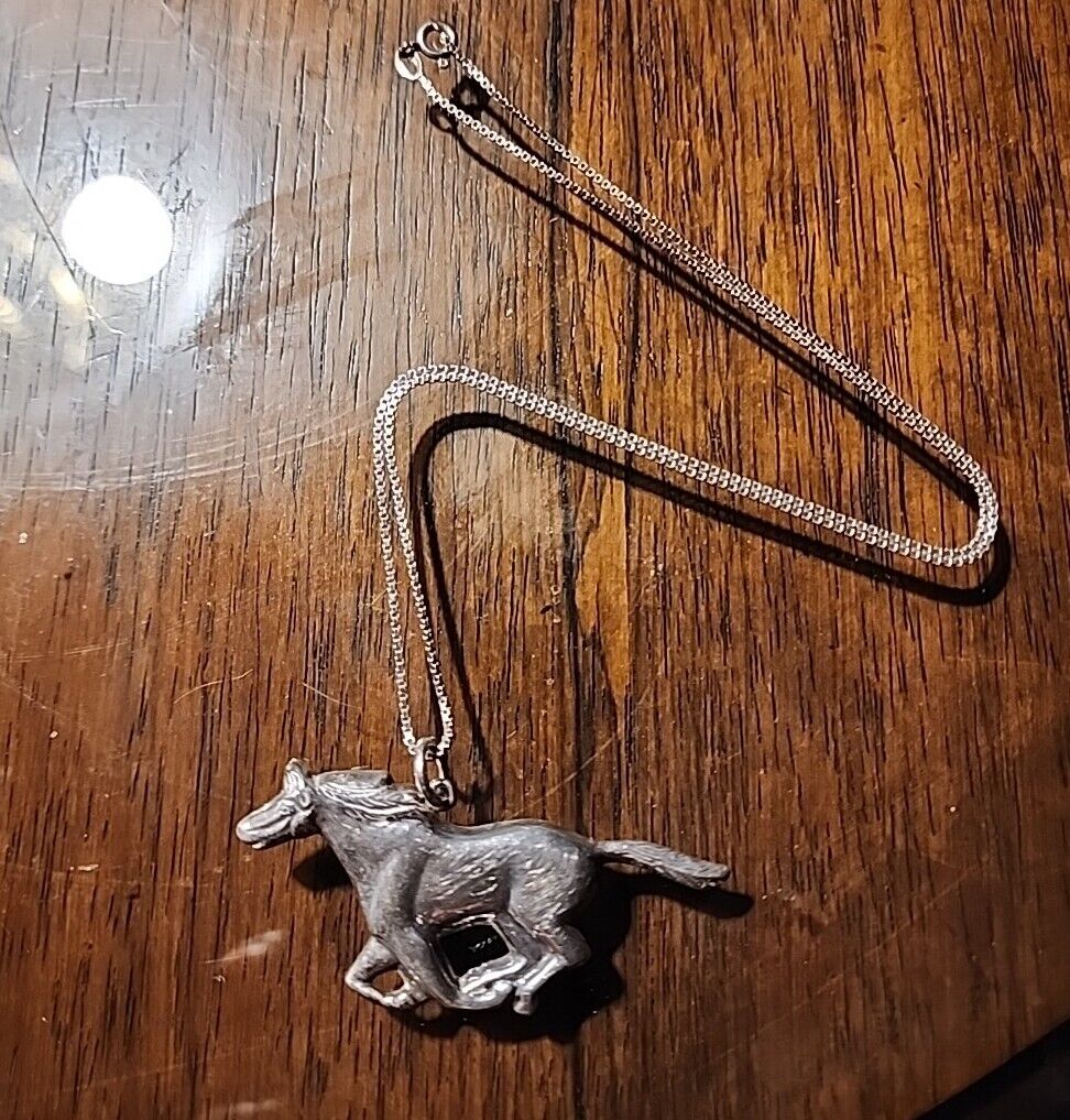 Vintage Galloping Horse 925 Sterling Silver 3D Pendant Charm Chain Equine 