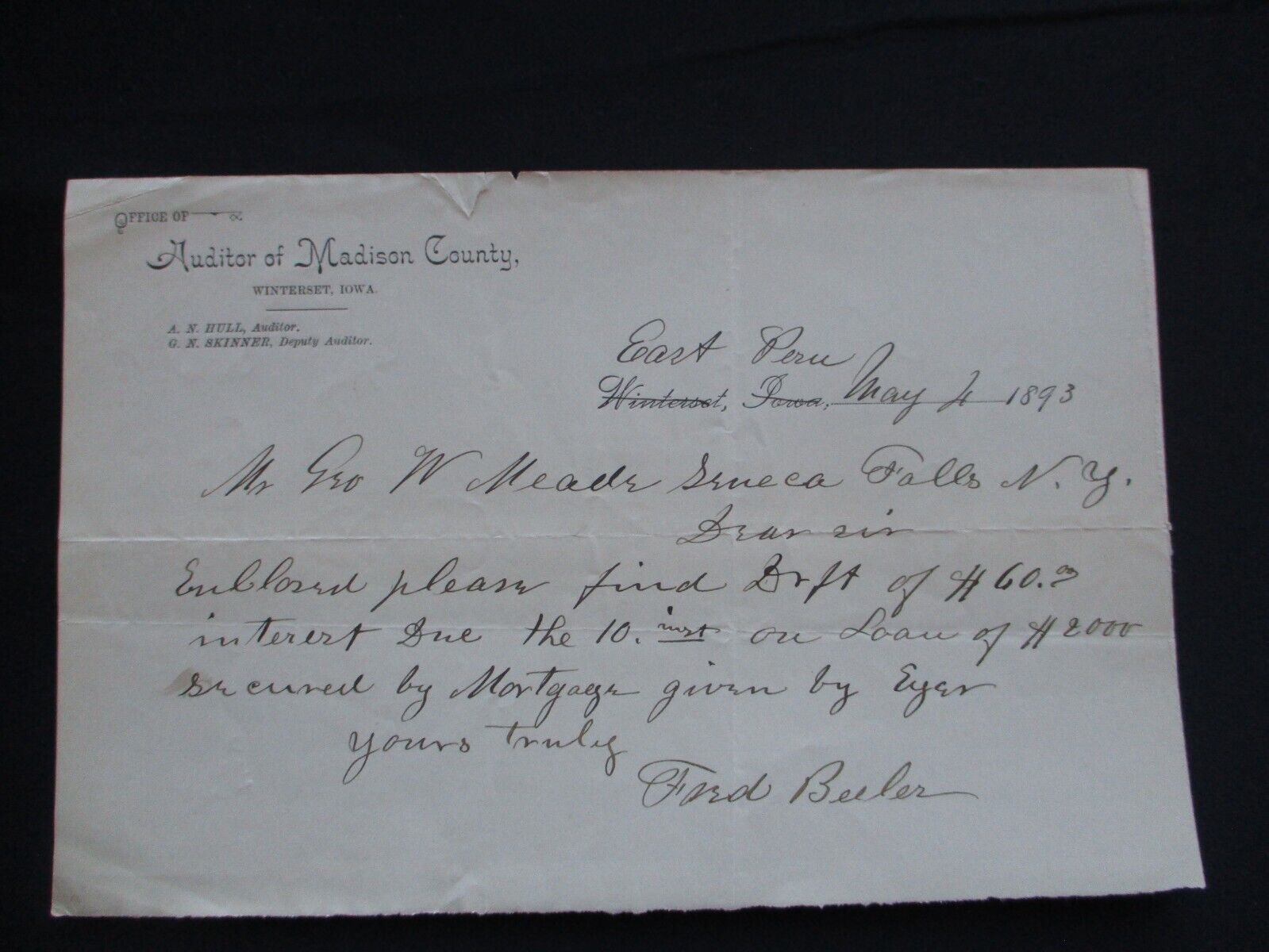1893 East Peru Iowa Fred Beeler family Signed ORIGINAL Letter