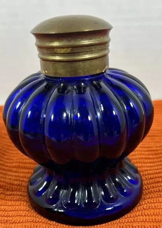 Vintage Antique Round / Ribbed Cobalt Blue Glass Inkwell with Hinged Brass Lid