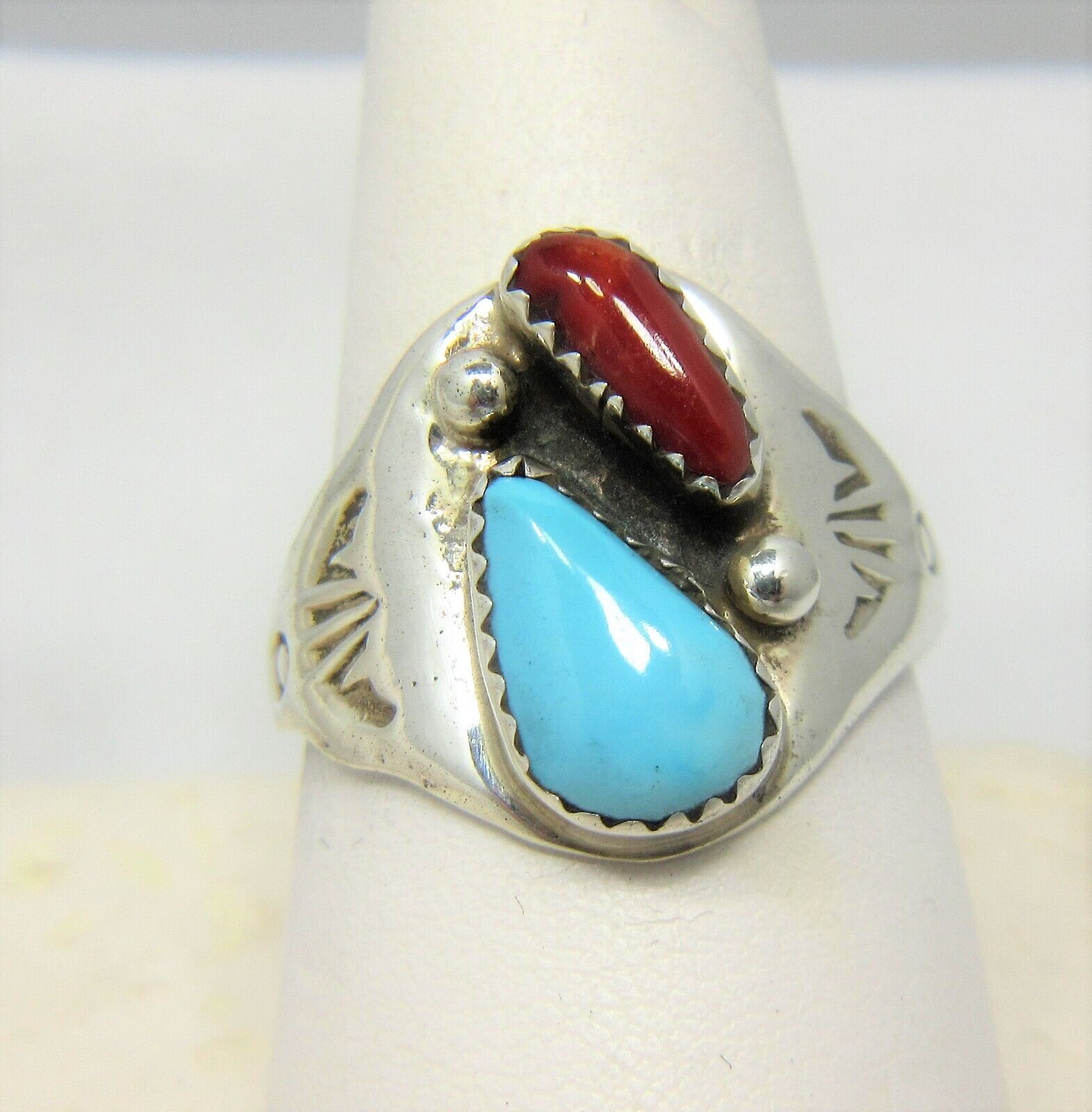 Native American Coral Ring Size 1 1 Navajo Signed ML Turquoise Sterling  #54