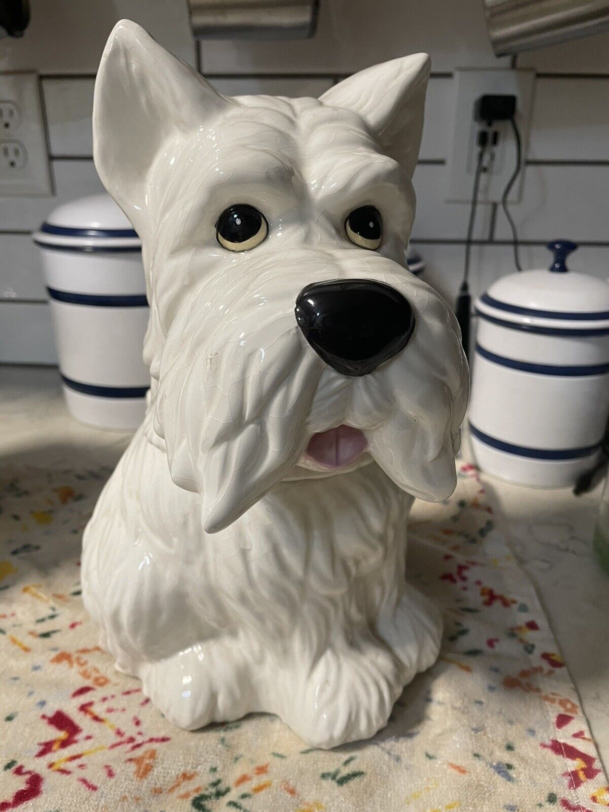 White Scottie Scottish Terrier Dog Cookie Jar Sleigh Bell Bistro 11”