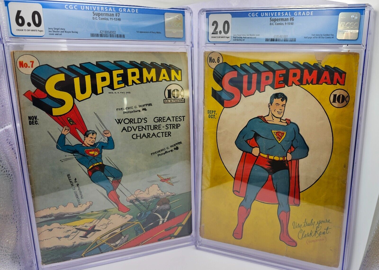 CGC SUPERMAN #6 & #7 Graded 6.0 and 2.0 D.C. COMICS 1940 GOLDEN AGE 84 Years old